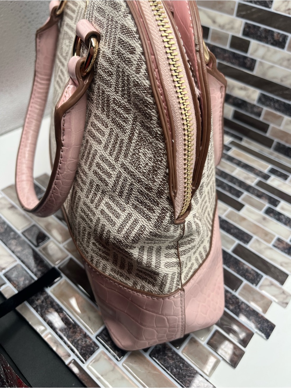 Anne Klein Pink Patterned Dome Satchel with Croc Trim - Picture 4 of 9